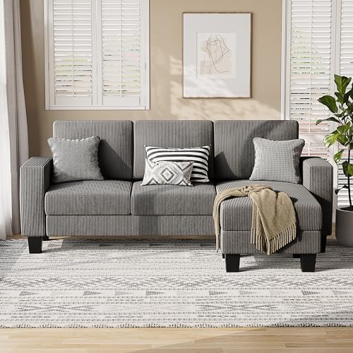 Sectional Sofa Couch, 3 seat L-shaped Sofa with Coral Velvet Fabric, Movable Ottoman Small Couch for small Apartments, Living Rooms and Offices (Grey)