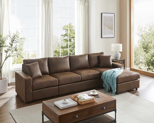 116'' Faux Leather Sectional Sofa, L-Shaped Five-Seat Living Room Sofa Couch, Chaise Longue on The Right, Dark Brown