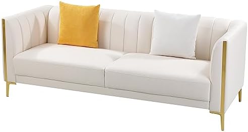 FOTOSOK 78'' Sofa, Modern White Couches for Living Room, Comfy, Faux Leather Sofa 3 Seater Sofa with 2 Throw Pillows and Gold Metal Legs, Deep Seat Sofas (Cream White)