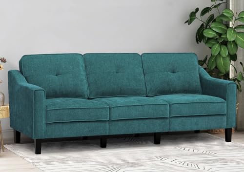 84 Inches Fabric 3-Seats Sofa with Tufted Backrest Cushion, Chenille Modern Couch with Stable Wooden Legs, Upholstered Sofa for Apartment, Living Room, Office, Teal