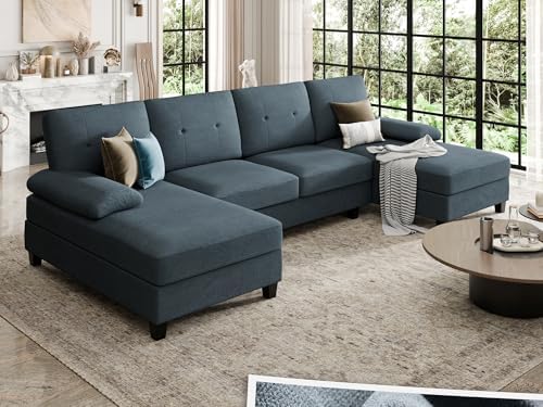 SUNLEI 110" Sectional Sofa Couches for Living Room, 4 Seat U-Shaped Sofa Couch with Linen Fabric and Double Chaises, Modern Living Room Furniture Sets for Apartment,Lime Gray