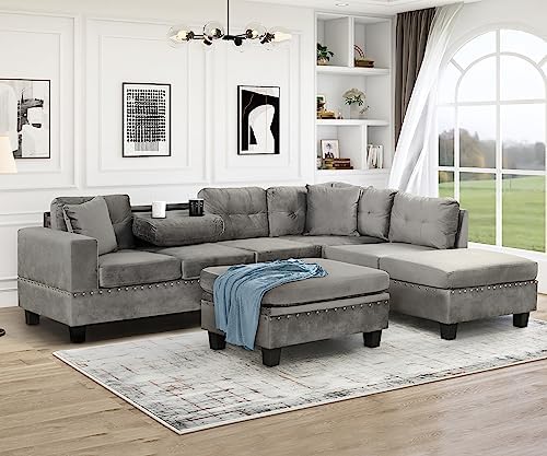 P PURLOVE Sectional Sofa with Reversible Chaise and 2 Pillows, Polyester L-Shaped Sofa with Storage Ottoman and Cup Holders, Sectional Couche Living Room Furniture Sets (Gray)