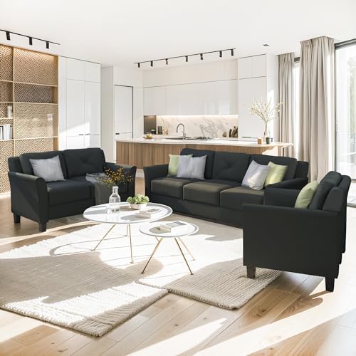 EMKK 3 Pieces Sectioanal Sofa Set, Living Room Furniture Set Modern Style Button Tufted Sofa Couch with Tufted Cushions Included 3 Seater Sofa, an Loveseat and One Armchair