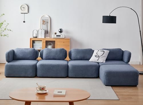 Cpintltr Convertible Sectional Sofa Bed Modern L-Shape Sofa Set 4-Seat Modular Sofa Sleeper Upholstered Teddy Velvet Couch for Living Room Apartment with Chaise Ottoman Blue