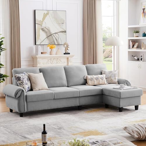 112" Convertible Sectional Sofa Couch, 4 Seater L Shaped with Reversible Chaise, Modern Microfiber Couches for Living Room, Light Grey