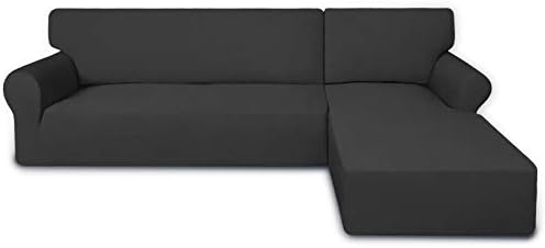 PureFit Super Stretch Sectional Couch Covers - 2 pcs Spandex Non Slip, with Elastic Bottom for L Shape Sectional Sofa Couches, Great for Kids & Pets (3 Seat Sofa + 3 Seat Chaise, Dark Gray)