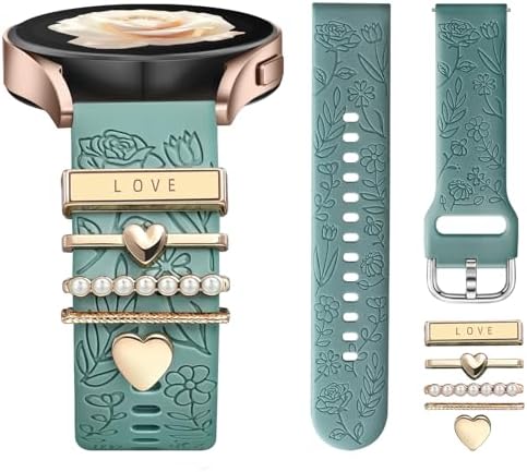 DaQin Flower Engraved Band Compatible with Samsung Galaxy Watch 7 Band/FE 6 5 4 40mm 44mm,Galaxy Active 2, 20mm Watch Band Soft Silicone Replacement Strap with Decorative Charms Accessories Women
