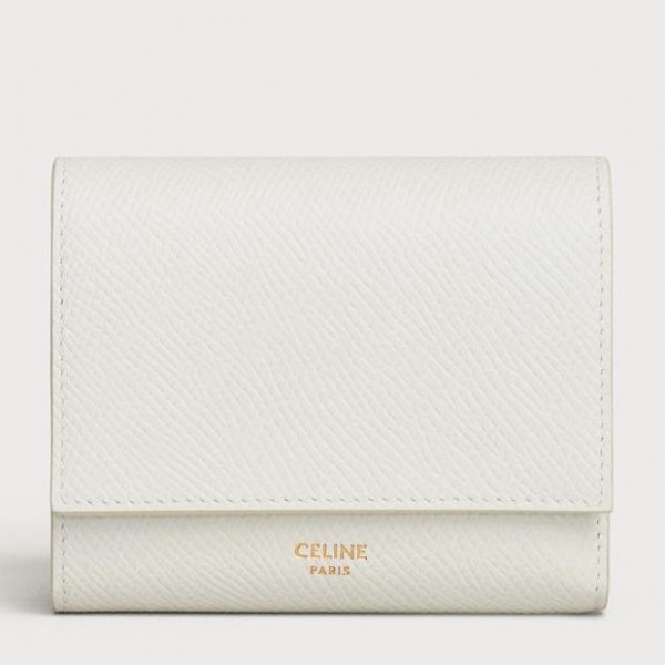 Celine Small Trifold Wallet in White Grained Calfskin
